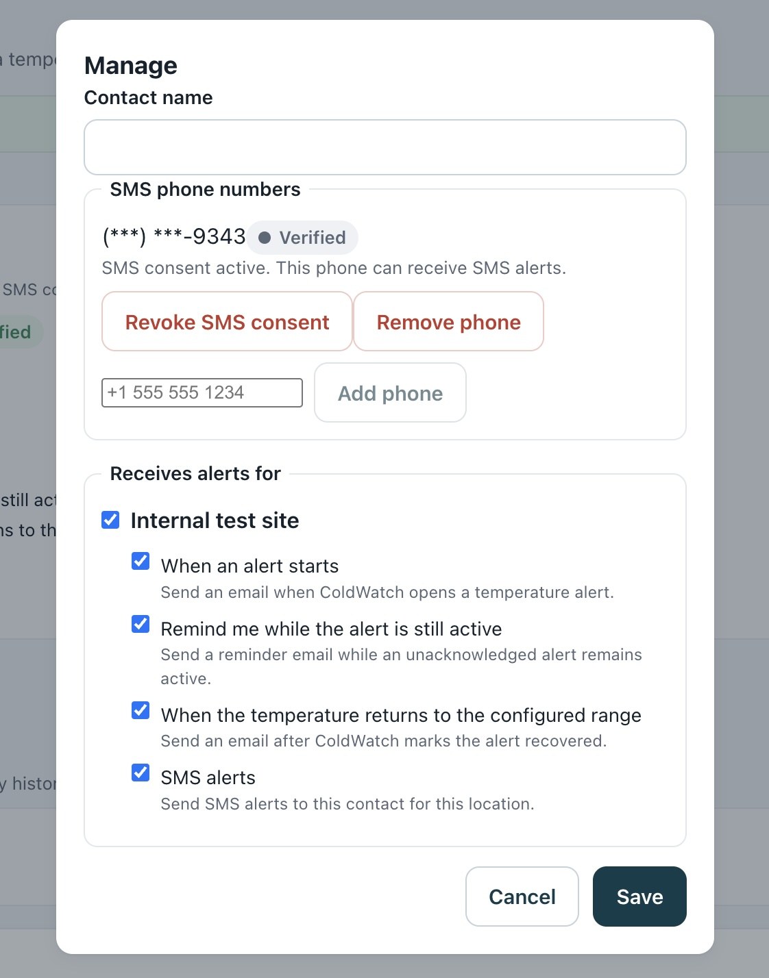 ColdWatch Notifications screen showing a verified phone number with active SMS consent, a Revoke SMS consent control, and site-level SMS eligibility now available after consent.
