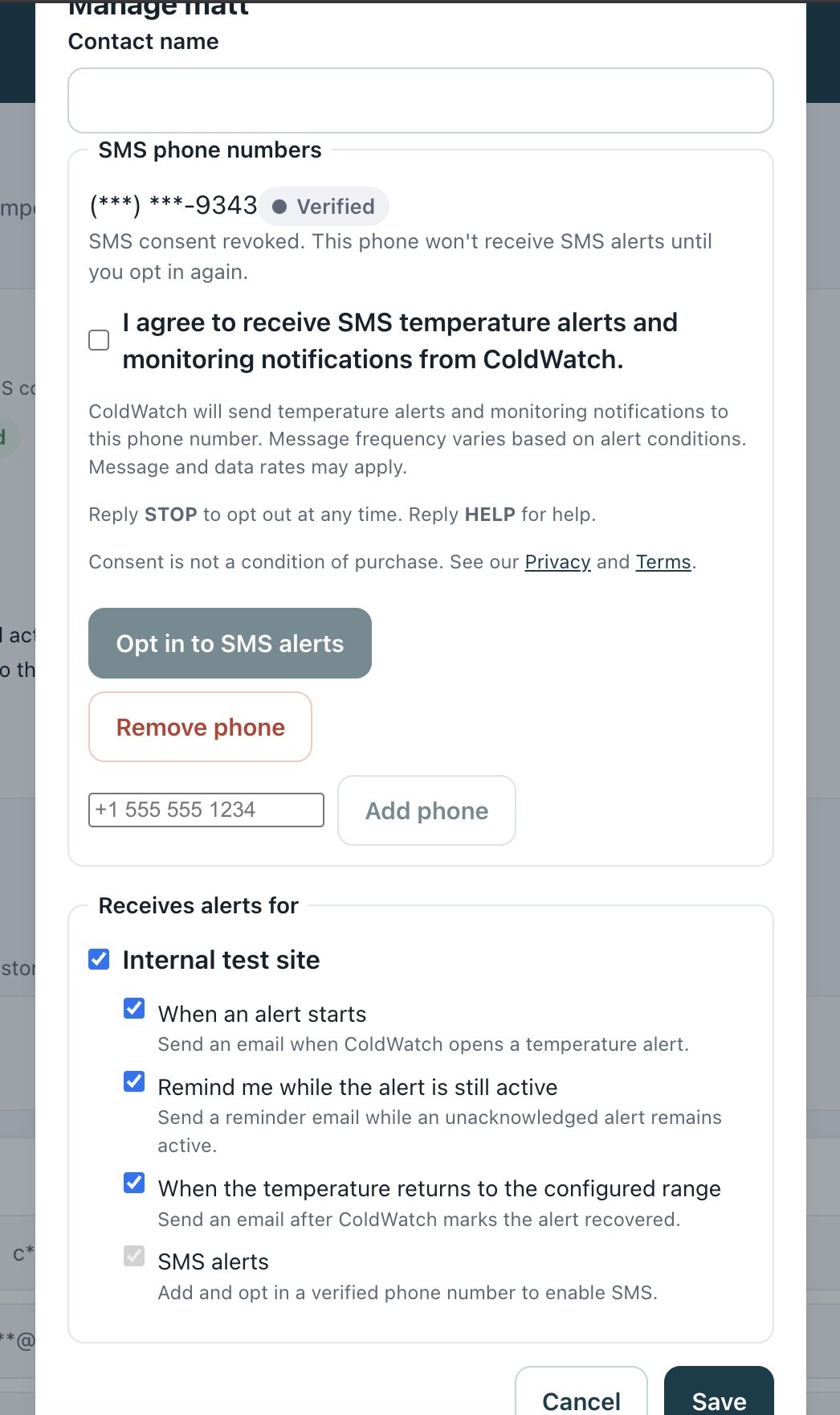 ColdWatch Notifications screen showing a verified phone number with no active SMS consent, an initially-unchecked consent checkbox, the full SMS disclosure (variable message frequency, message and data rates may apply, reply STOP to opt out, reply HELP for help, Privacy and Terms links), a disabled Opt-in action, and site SMS unavailable without active consent.